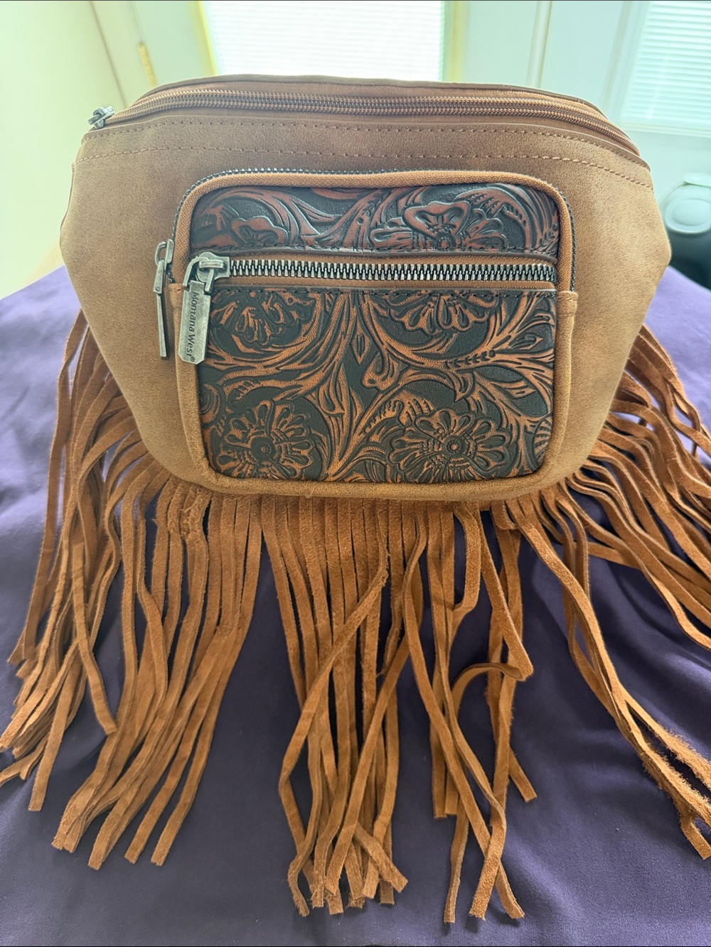 Montana West Brown Fringe Mini Crossbody with Tooled Front Panel